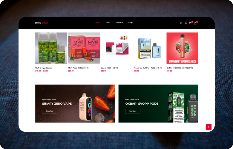 Darts Direct storefront with product grid and category banners