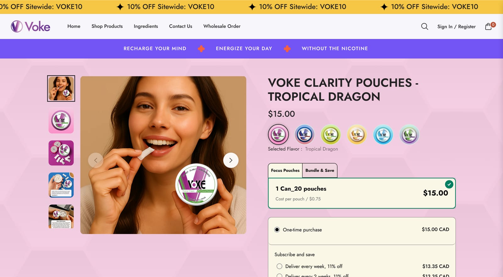 Voke Focus live product page with flavour selector and pricing