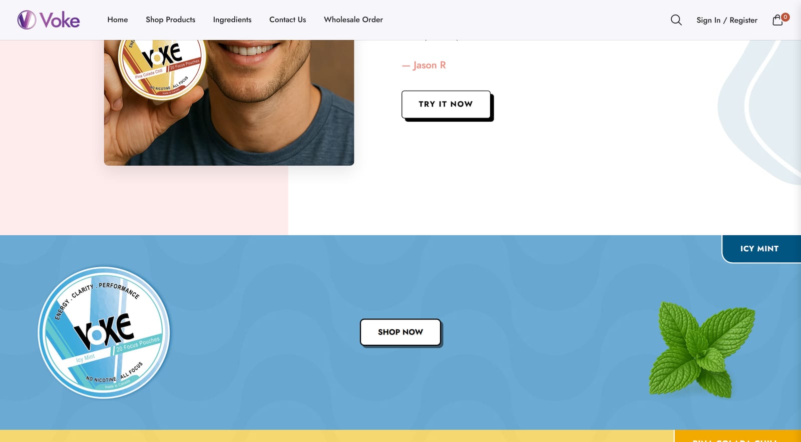 Voke Focus live site - customer testimonial and flavour banner